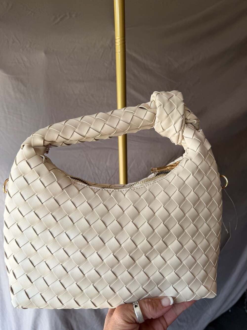 Crown Vintage Woven Knot Handle Hobo Bag in Cream